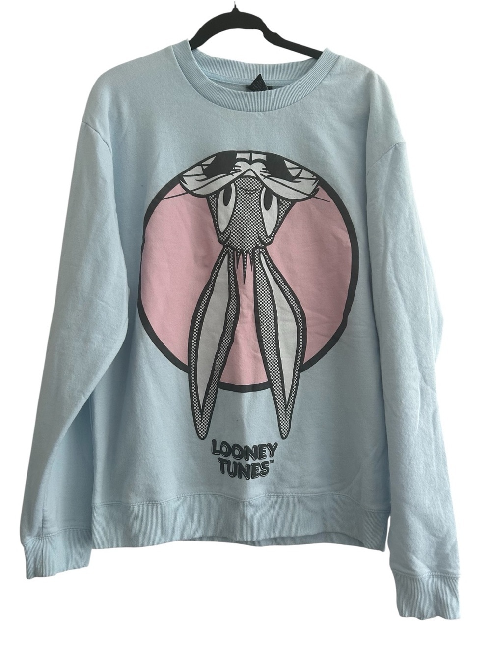 Looney Tunes Bugs Bunny Crewneck Sweatshirt Baby Blue Fleece Pullover Sz Large